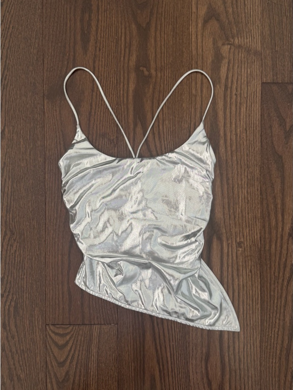 Super down Metallic Silver Asymmetric Cami Top